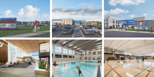 Tolleston Opportunity Campus renderings including outside, interior, and rec area